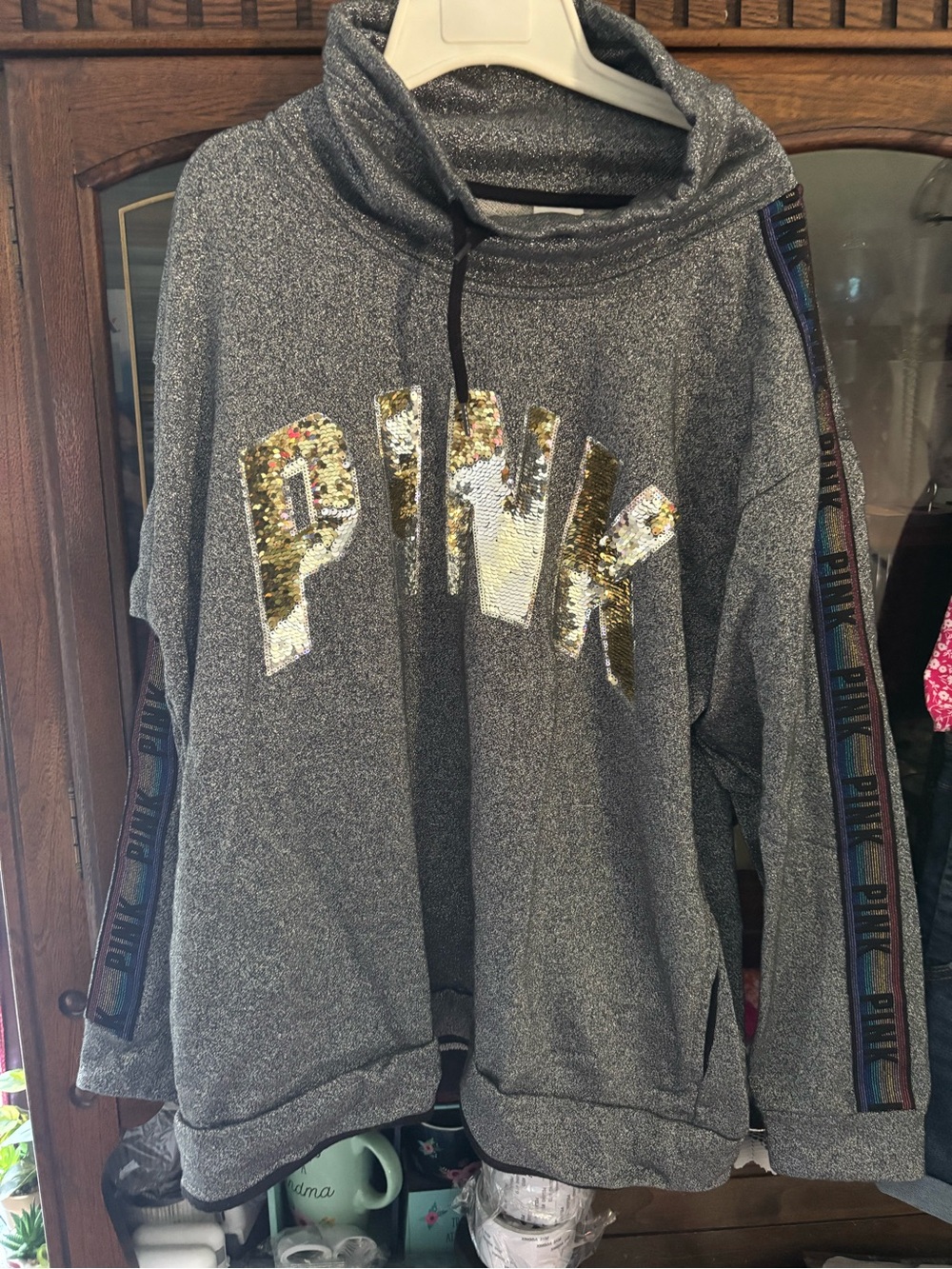 PINK Victoria's Secret Gray Hooded Turtleneck Sweater with Gold Sequin Logo